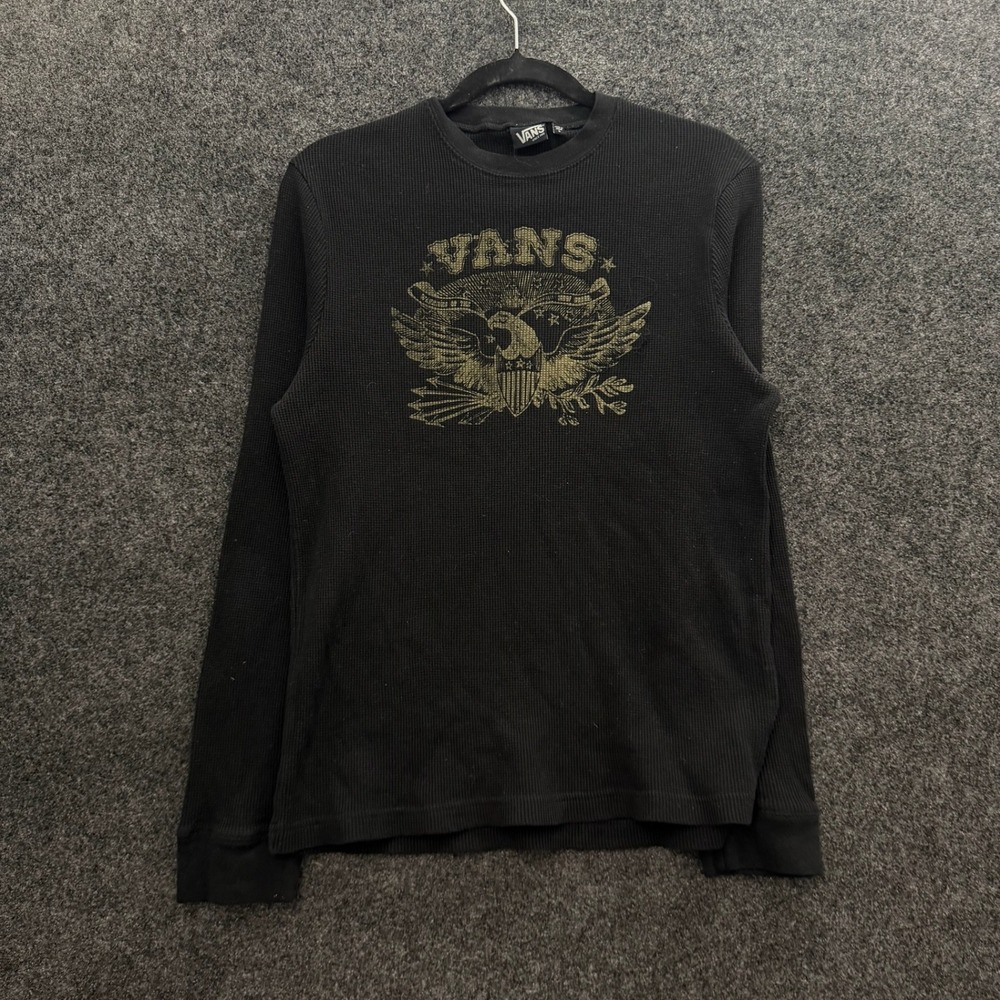 Vans Mens Black Waffle Knit Thermal Long Sleeve Eagle Graphic Shirt Y2K Large